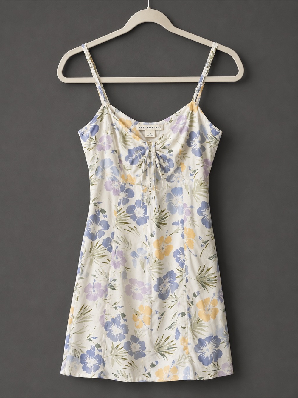 Aeropostale White Floral Dress with Pastel Blue, Lavender & Yellow Blooms